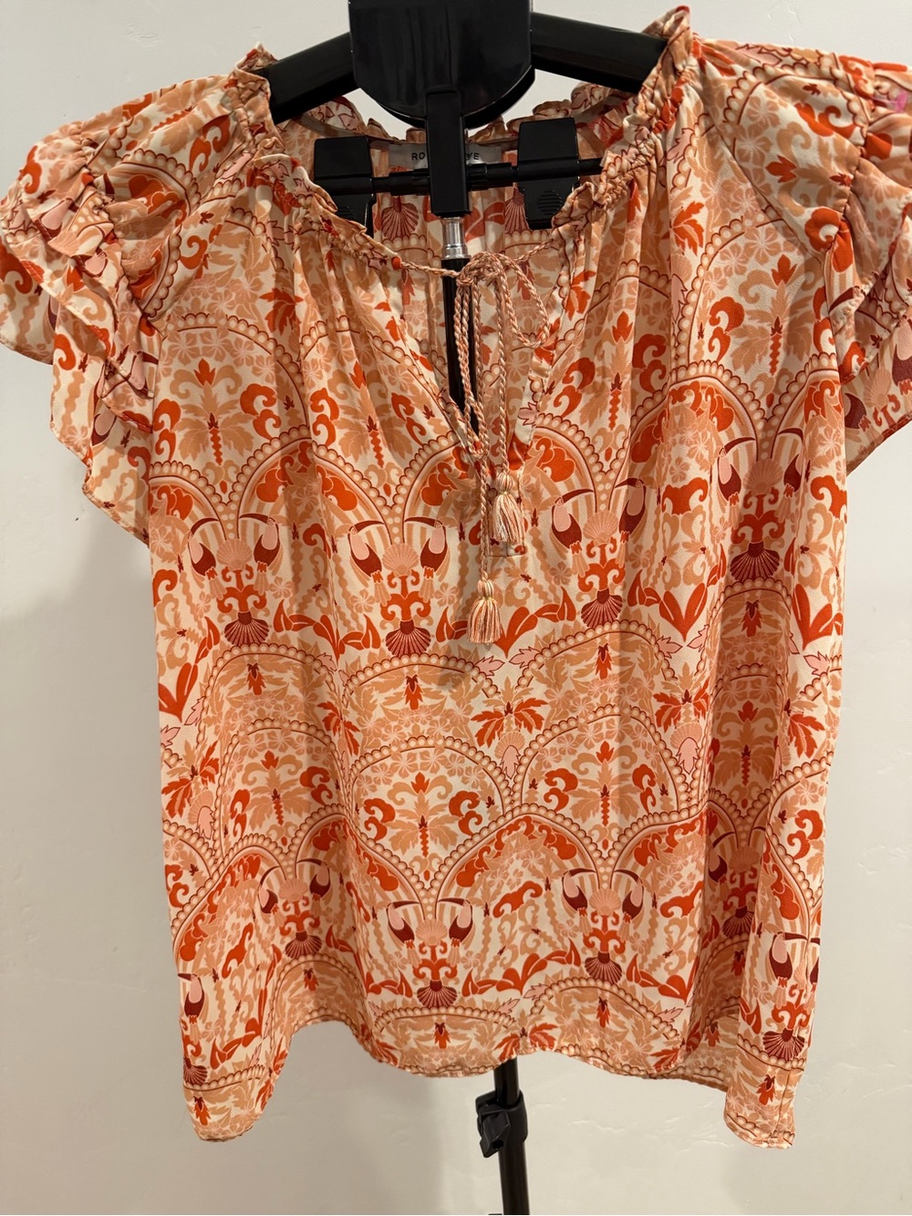Rose & Olive Peach and Orange Printed Tie-Neck Flutter Sleeve Top